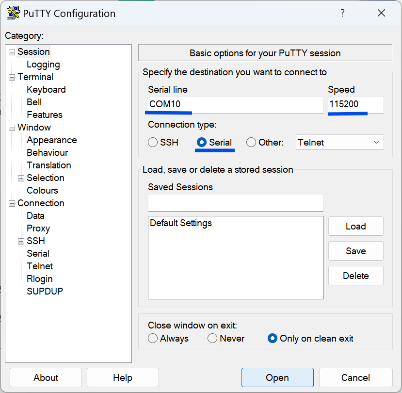 Putty Configuration